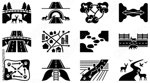 Foto Wildlife crossing icons: bridges, tunnels, pathways, and animal movement across