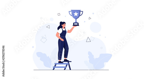 Woman standing on ladder holding trophy, celebrating success and achievement. Modern flat illustration.