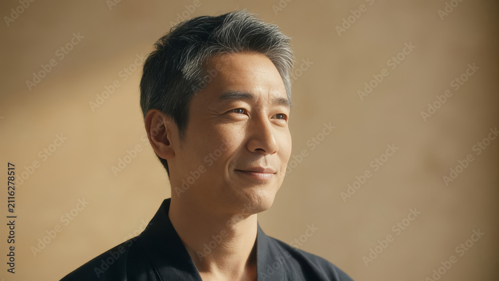 Obraz premium Smiling Mature Asian Man Portrait in Warm Golden Studio Light