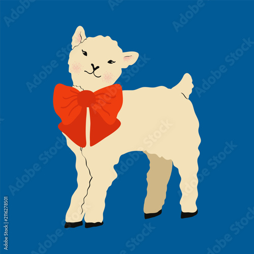 Cute Happy White Lamb with Oversized Red Bow Kawaii Vector Illustration