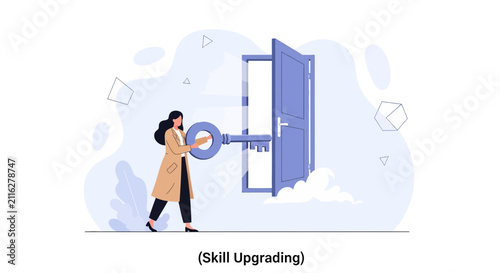 Woman using a key to open a door, symbolizing skill upgrading and new opportunities in a modern flat illustration style