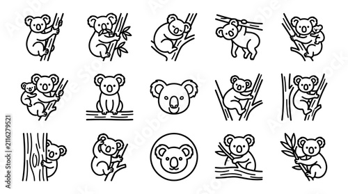Photography Cute Koala Icons Set: Adorable Australian Animals in Various Poses, Vector Illus