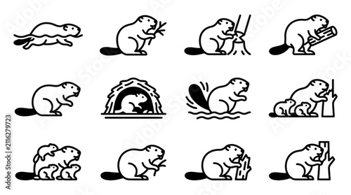 Bild auf Leinwand Beaver icon set: building, swimming, family, gnawing wood, running, and in lodge