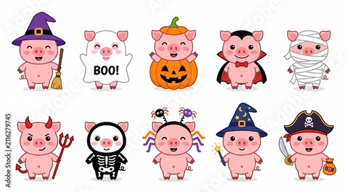Cute Halloween Pig Character Set in Costumes Vector Illustration