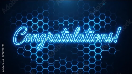 Blue neon congratulations script on digital hexagonal background.