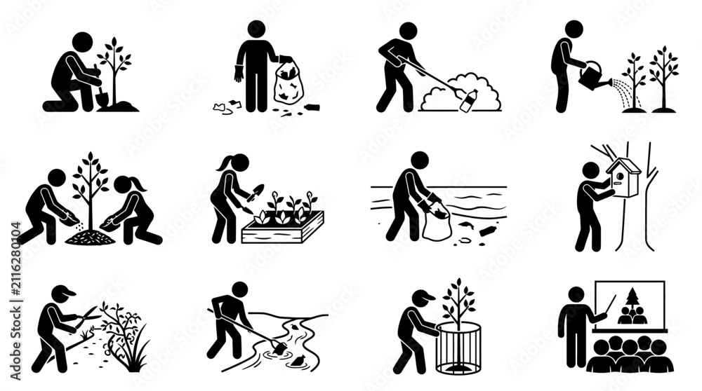 Obraz premium Gardening and Ecology Icons: Planting, Watering, Cleaning, Birdhouse, Education