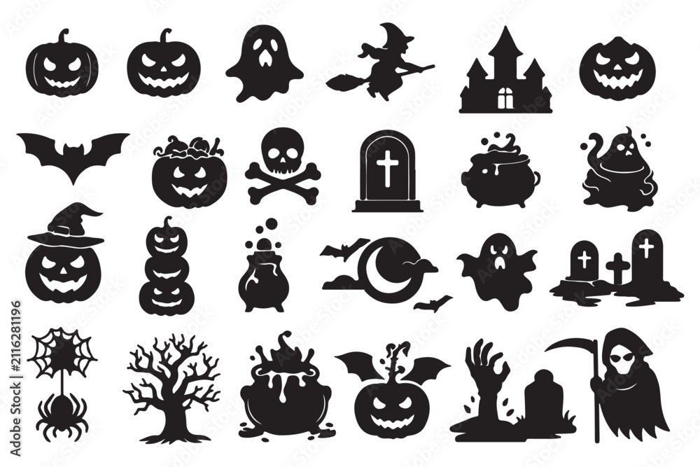 Fototapeta premium Halloween vector silhouette icon set with spooky ghosts pumpkins haunted houses bats spiders and scary design elements