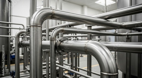 Intricate Network of Stainless Steel Industrial Pipes in a Modern Facility