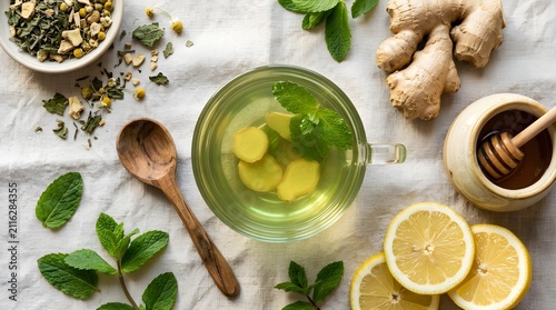 Herbal Tea Ingredients Flat Lay with Fresh Ginger Mint Lemon and Natural Honey