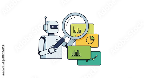 Картината върху платно Robot Analyzing Data with Magnifying Glass.