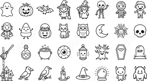 Set of cute hand drawn halloween doodle icons featuring ghosts pumpkins bats witches and spooky characters on a white background