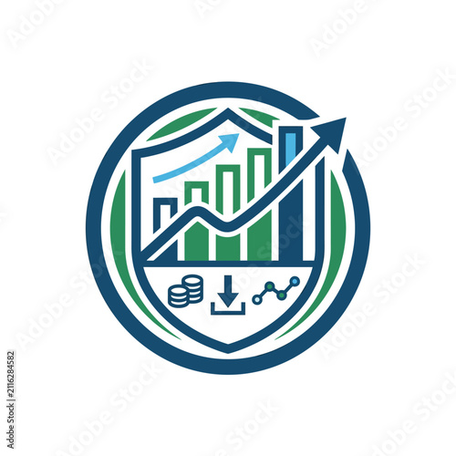 A circular emblem featuring financial growth and security symbols