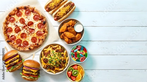 Overhead fast food feast pepperoni pizza, cheeseburgers, hot dogs, chicken wings, pasta, candies, and fruit salad, arranged on a wooden surface