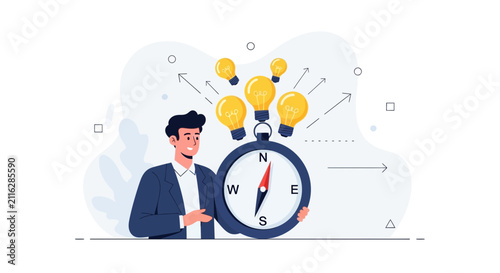 Man holding compass with light bulbs symbolizing business ideas, innovation, and strategic direction.