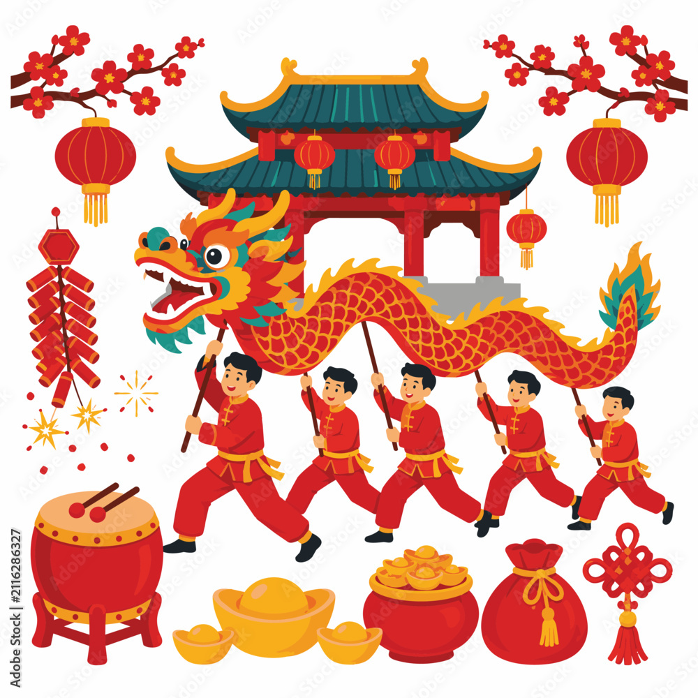 Fototapeta premium Traditional Chinese Dragon Dance Festival Flat Vector Illustration