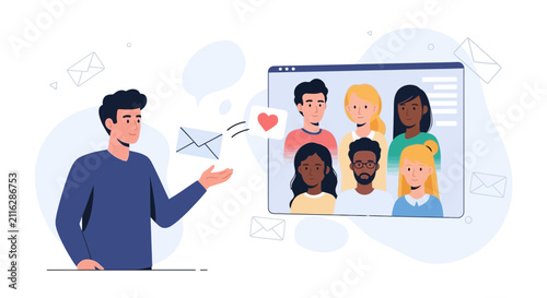 Man sending email with heart, connecting with diverse group of people on computer screen.