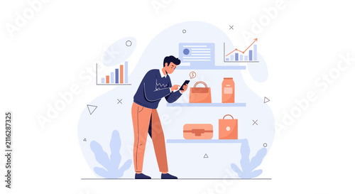 Man with Smartphone Browsing Products on Shelves, Analyzing Sales Growth Charts