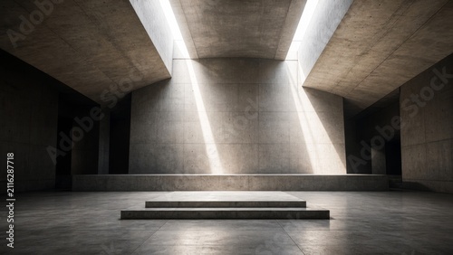 A minimalist concrete space featuring dramatic lighting and geometric shapes, creating a serene and modern atmosphere.