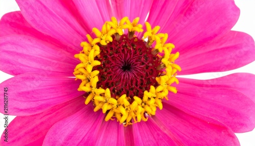 A vibrant pink flower with broad petals radiating outward symmetrically, encircling a ring of bright yellow florets around a darker central disk, showcasing vivid coloration and natural floral structu