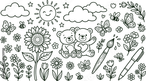 Doodle collection featuring cute teddy bears flowers and sun in a charming hand drawn black ink silhouette