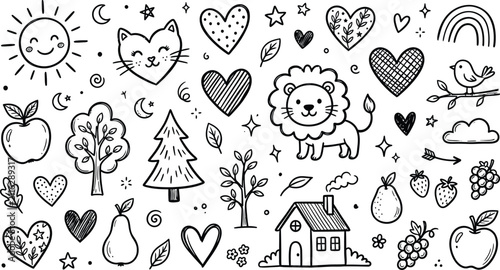 Collection of hand drawn doodle icons featuring a cute lion and various nature elements in silhouette