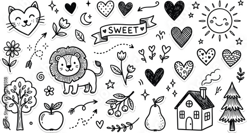 Collection of hand drawn doodle icons featuring animals nature and hearts in a black and white silhouette