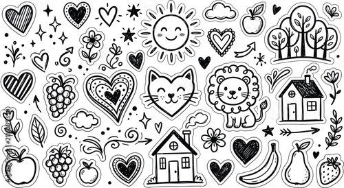 Collection of hand drawn doodle icons featuring a charming and playful black and white ink silhouette