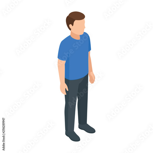 Young man in blue t shirt standing alone in casual outfit looking away thoughtfully