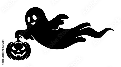 Bild auf Leinwand A black ghost illustration floats horizontally while holding a carved pumpkin with a menacing face, rendered in a simple graphic style