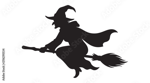 Картината върху платно Stylized black silhouette of a witch flying on a broom, rendered as a simple graphic design element for seasonal use