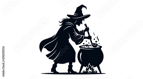 Bild auf Leinwand Witch silhouette stirs a bubbling cauldron over a small fire, with a pointed hat and flowing robes, presented as a classic Halloween or fantasy element