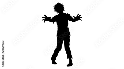 Bild auf Leinwand Zombie silhouette stands with arms outstretched and tattered clothing, isolated against a pristine white background, conveying a spooky Halloween theme