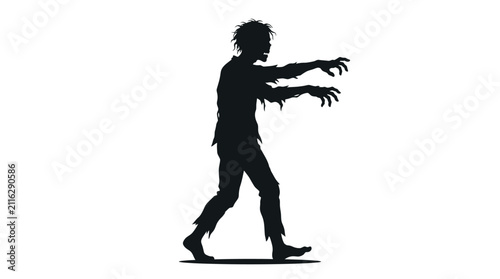 Fotografie Zombie silhouette in profile, characterized by tattered clothing and outstretched arms, walking slowly on a stark white background