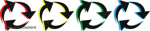 Konstfotografi A set of four circular recycle arrow icons featuring a modern glitch or chromatic aberration effect in red yellow green and blue perfect for sustainable design projects