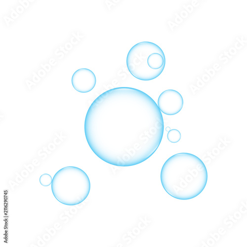 A group of floating transparent water bubble elements isolated on a plain white background for digital design and graphics