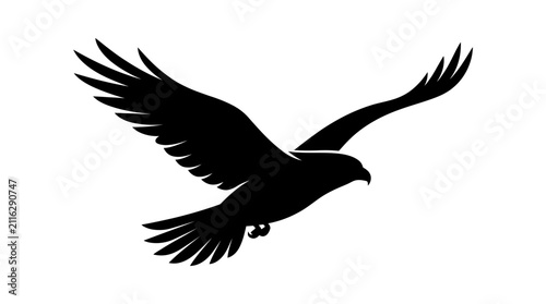 Quadro su tela Flying eagle, with its wings fully extended in flight, is presented as a bold black silhouette against a plain white background