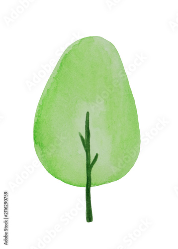 Hand-painted watercolor green tree with a teardrop-shaped crown, isolated on a transparent background. Botanical illustration perfect for nature-themed designs, greeting cards, planners