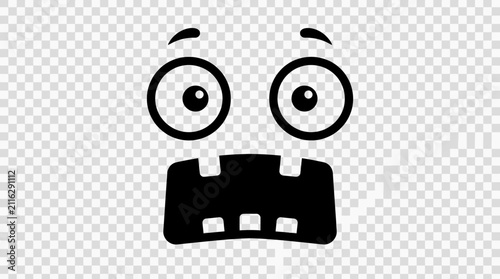 Obraz na plátne Cartoon face with wide eyes and an open mouth, expressing surprise or fear, is presented as a black silhouette against a transparent background