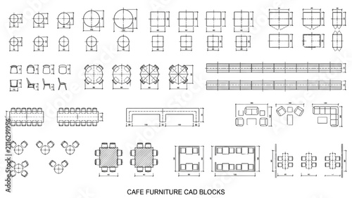 Café Furniture CAD Blocks Top View Restaurant Seating Layout Monoline Vector Set