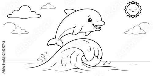 Cute dolphin jumping over ocean wave. Happy sea animal coloring page for kids vector illustration. A charming line art illustration of a playful dolphin leaping from a wave.