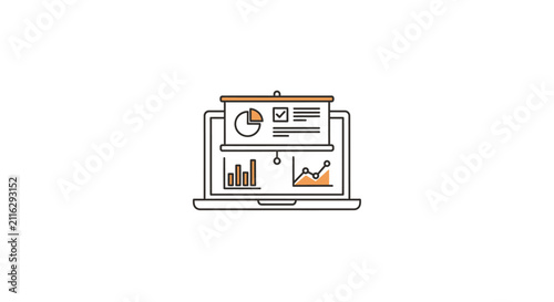 Laptop with graphs and charts on screen.