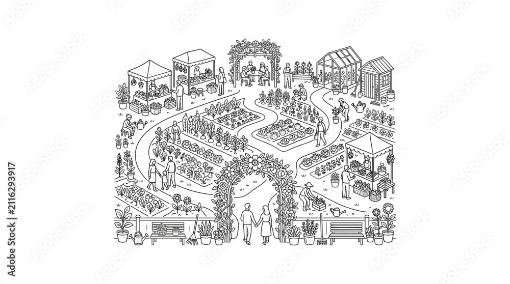 Fototapeta premium Community Garden Scene Line Art Illustration