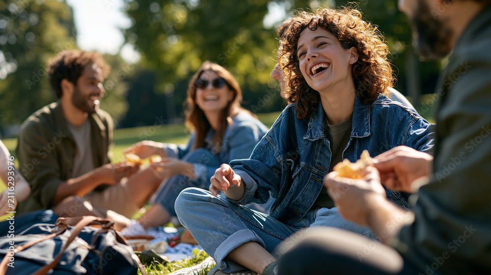 Obraz premium Photorealistic candid lifestyle scene of a female traveler being spontaneously invited to join a local family picnic in a public park, sitting cross-legged on the edge of their pic