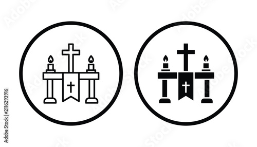 Bild auf Leinwand Religious altar icon set with cross and candles in circular frames featuring out