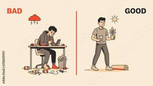 Vector illustration of good versus bad daily habits and productivity lifestyle with productivity