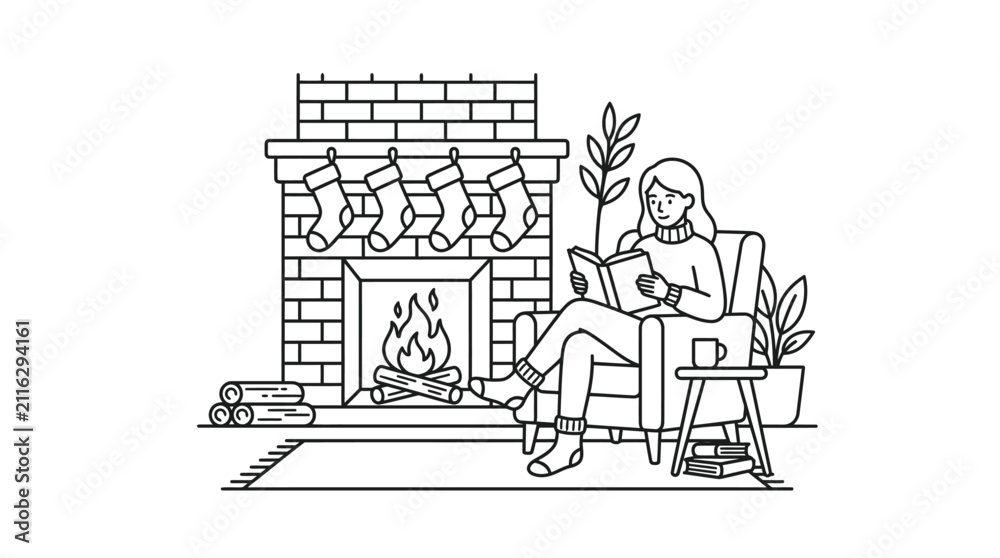 Fototapeta premium Woman Reading by Fireplace Outline Vector Illustration