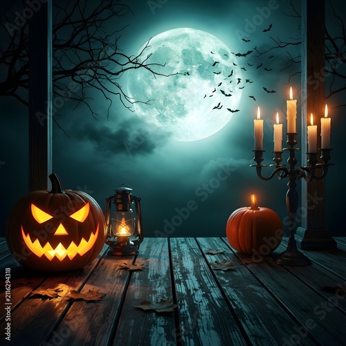 Spooky halloween wooden porch deck with glowing jack o lantern candelabra and silhouettes of flying bats under big full moon Happy Halloween