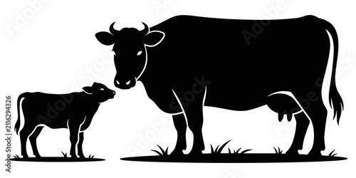 Cow and calf silhouette against a white background silhouette
