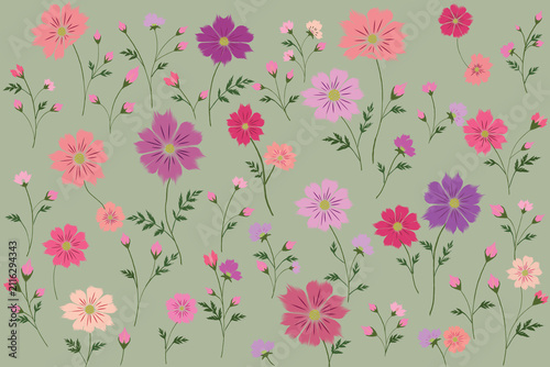 Quadro su tela Botanical Painterly Cosmos Floral Seamless Pattern, Collection No