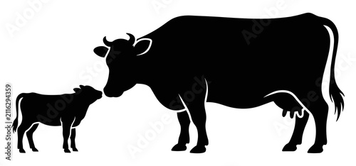 Cow And Calf Silhouette Against White Background